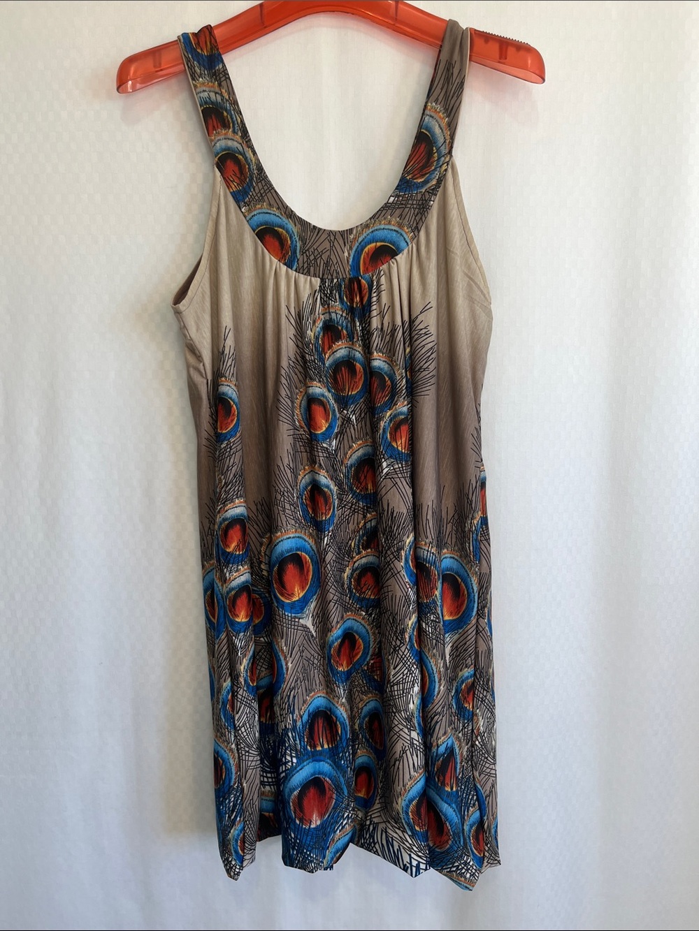 Beige Mini Dress with Peacock Feather Print